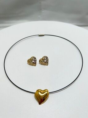 Vintage, Korea, Gold Heart Pendant And Cut Out Heart Earrings, Studs